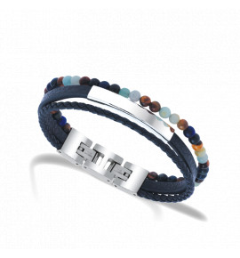 Bracelet 3 rangs acier perles bleu-orangé